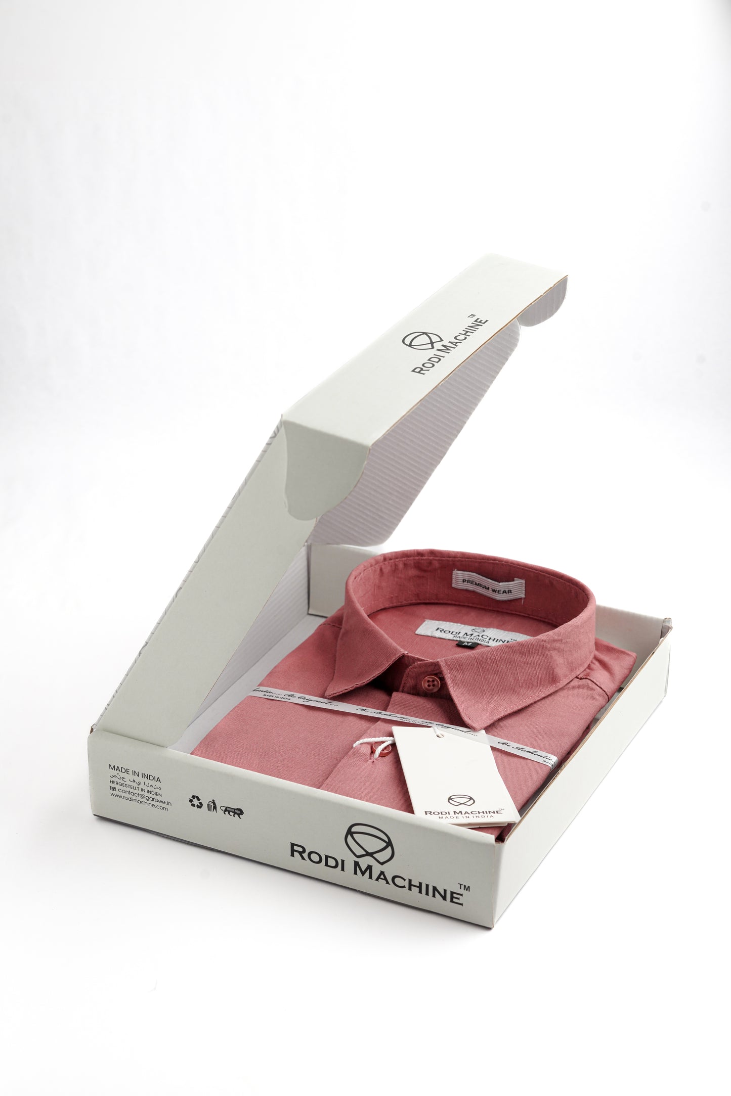 Red wood colour Rodi Machine shirt in an open box with 'Rodi Machine' branding on a white background