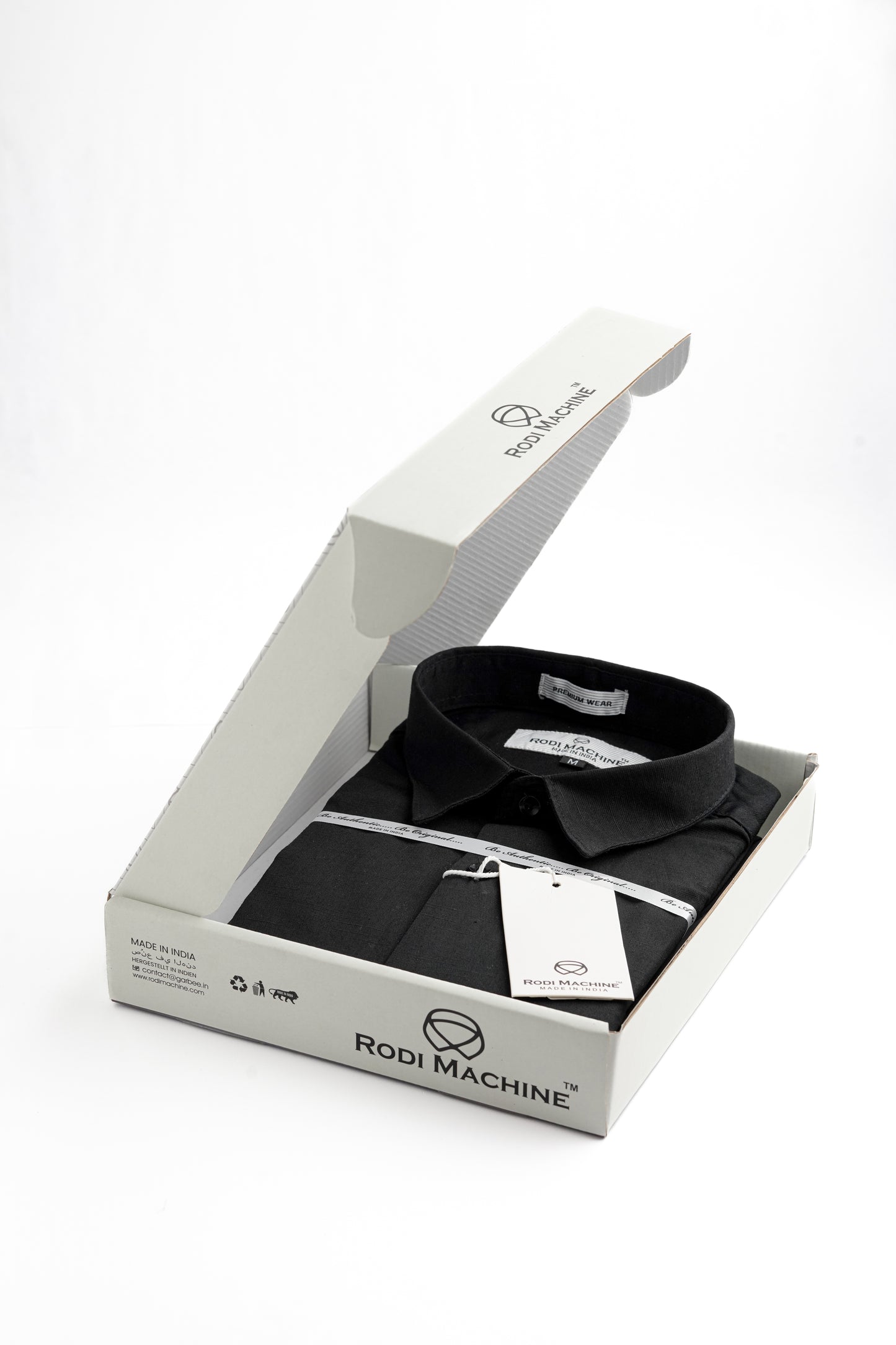  Black colour Rodi Machine shirt in an open box with 'Rodi Machine' branding on a white background