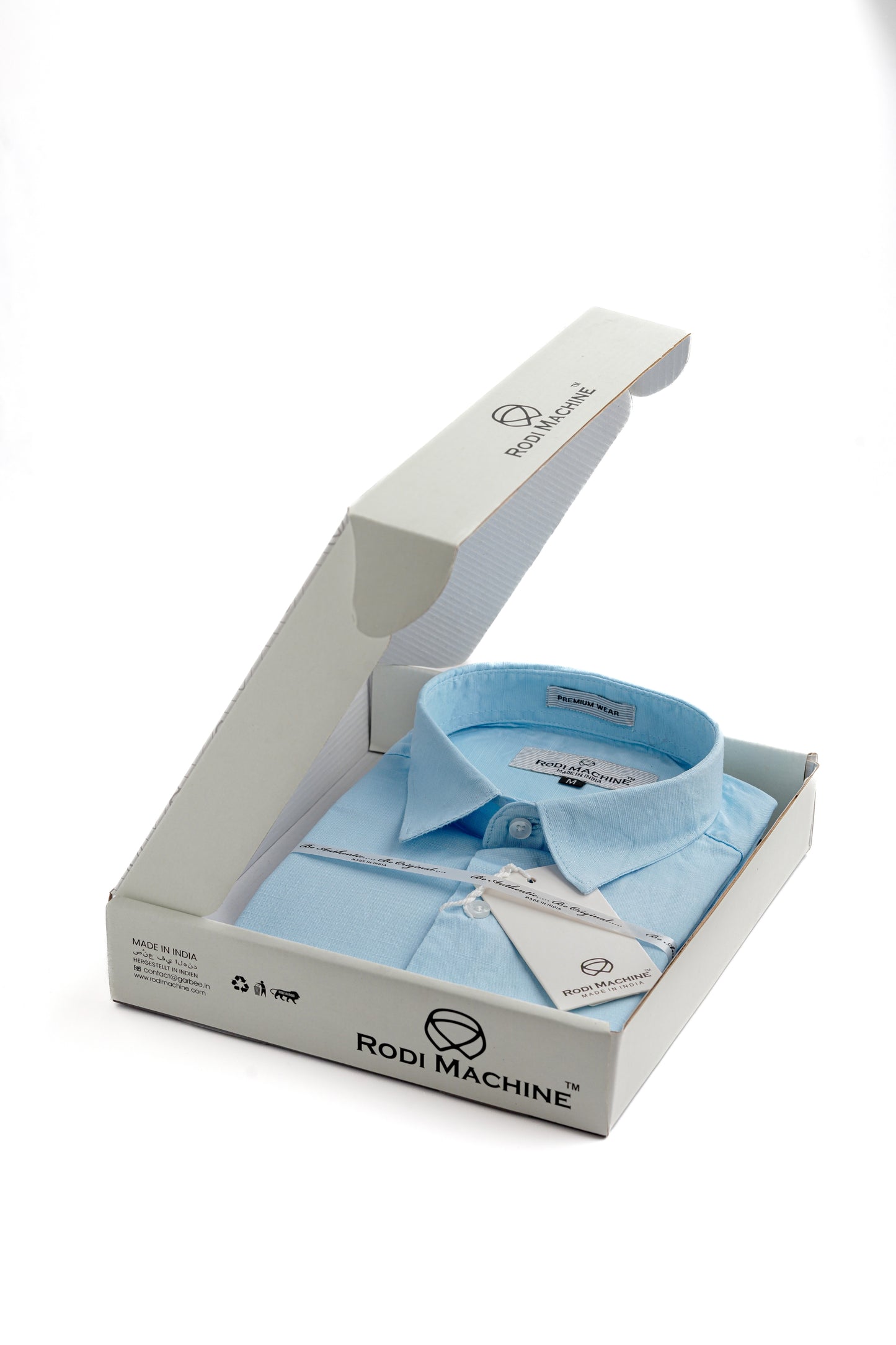 Sky Blue colour Rodi Machine shirt in a white box with 'Rodi Machine' branding.