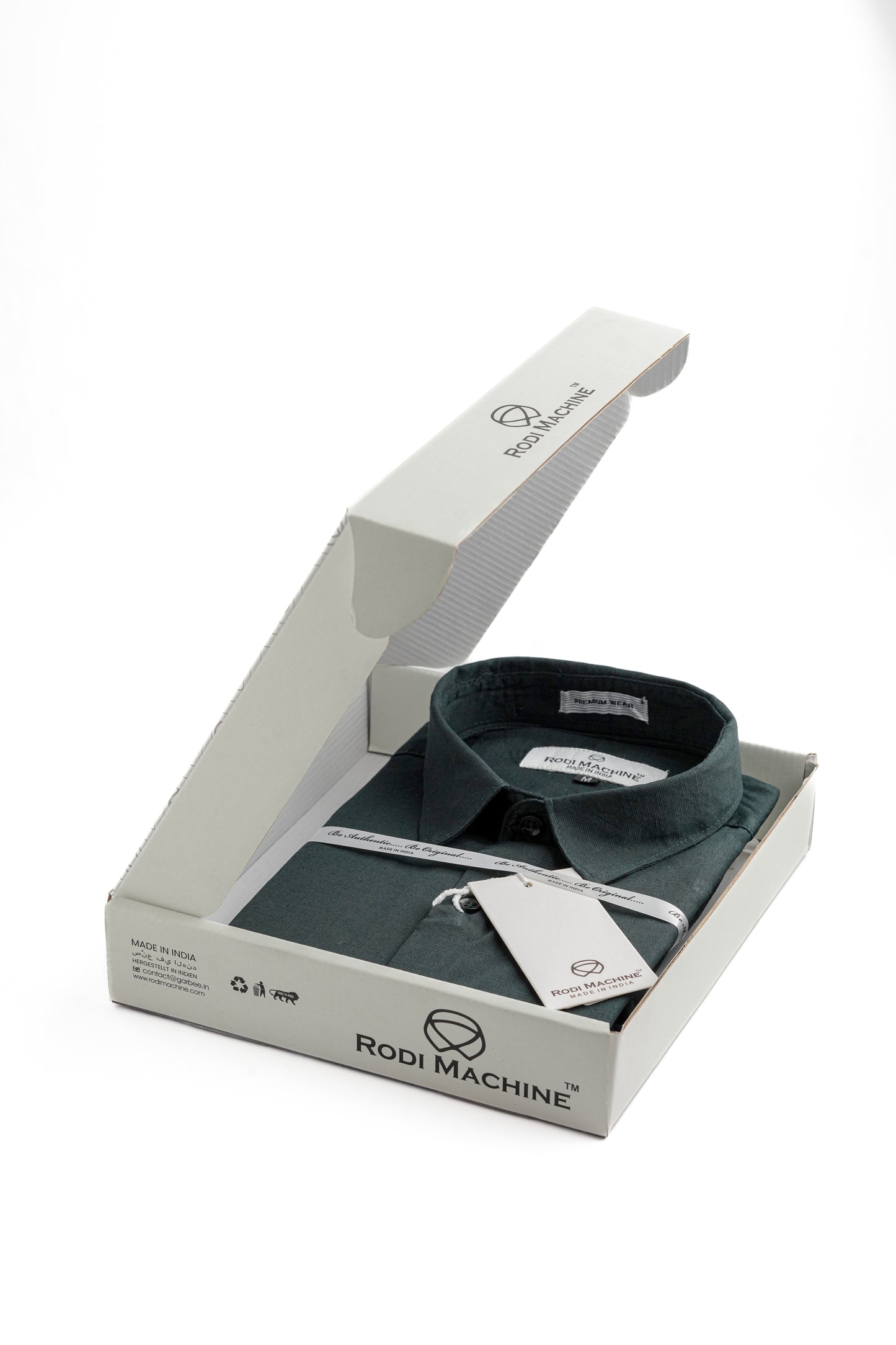 Military Green colour Rodi Machine shirt collar in a white box with 'Rodi Machine' branding on a white background