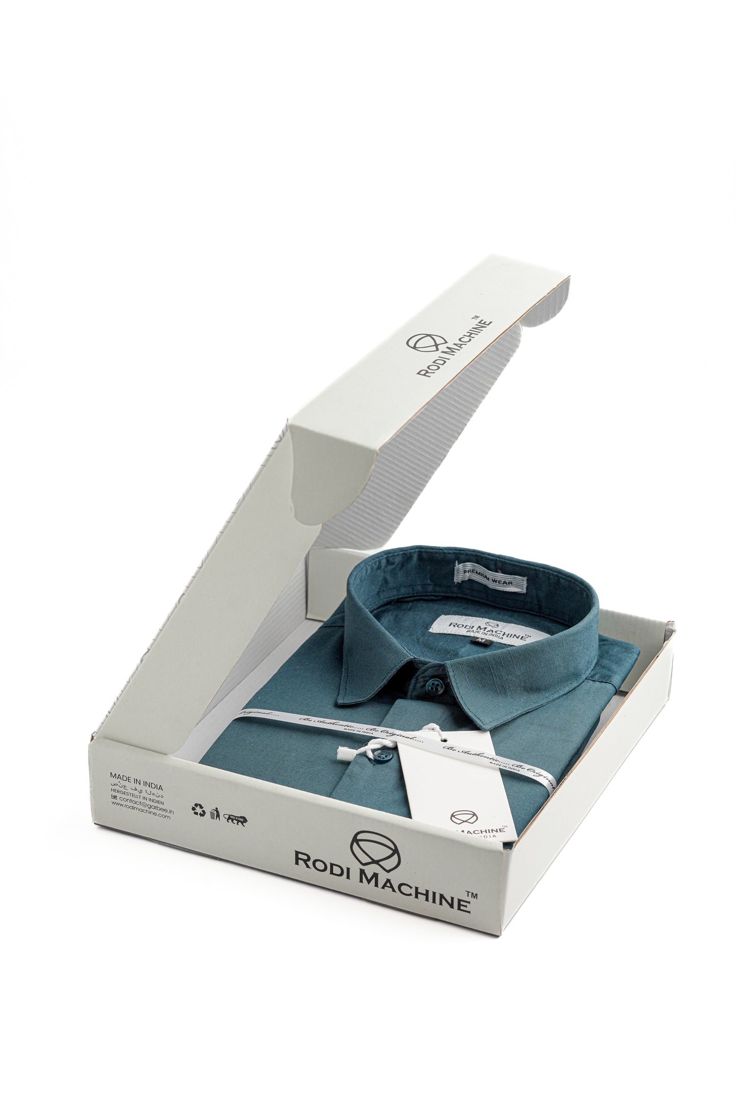 Peacock colour Rodi Machine shirt in a white box with 'Rodi Machine' branding on a white background