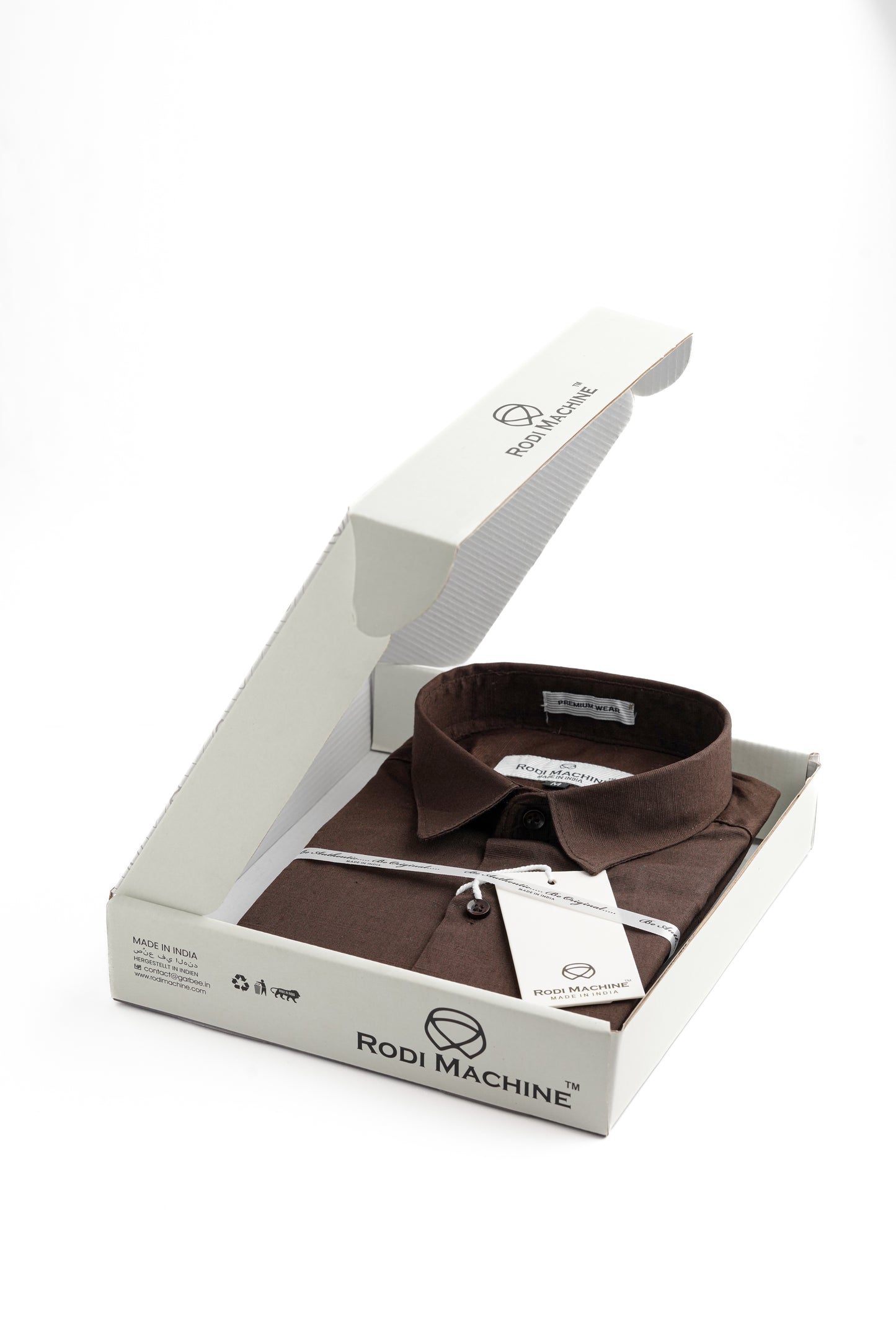Brown colour Rodi Machine shirt kept in a white box labeled as 'Rodi Machine' on a white background