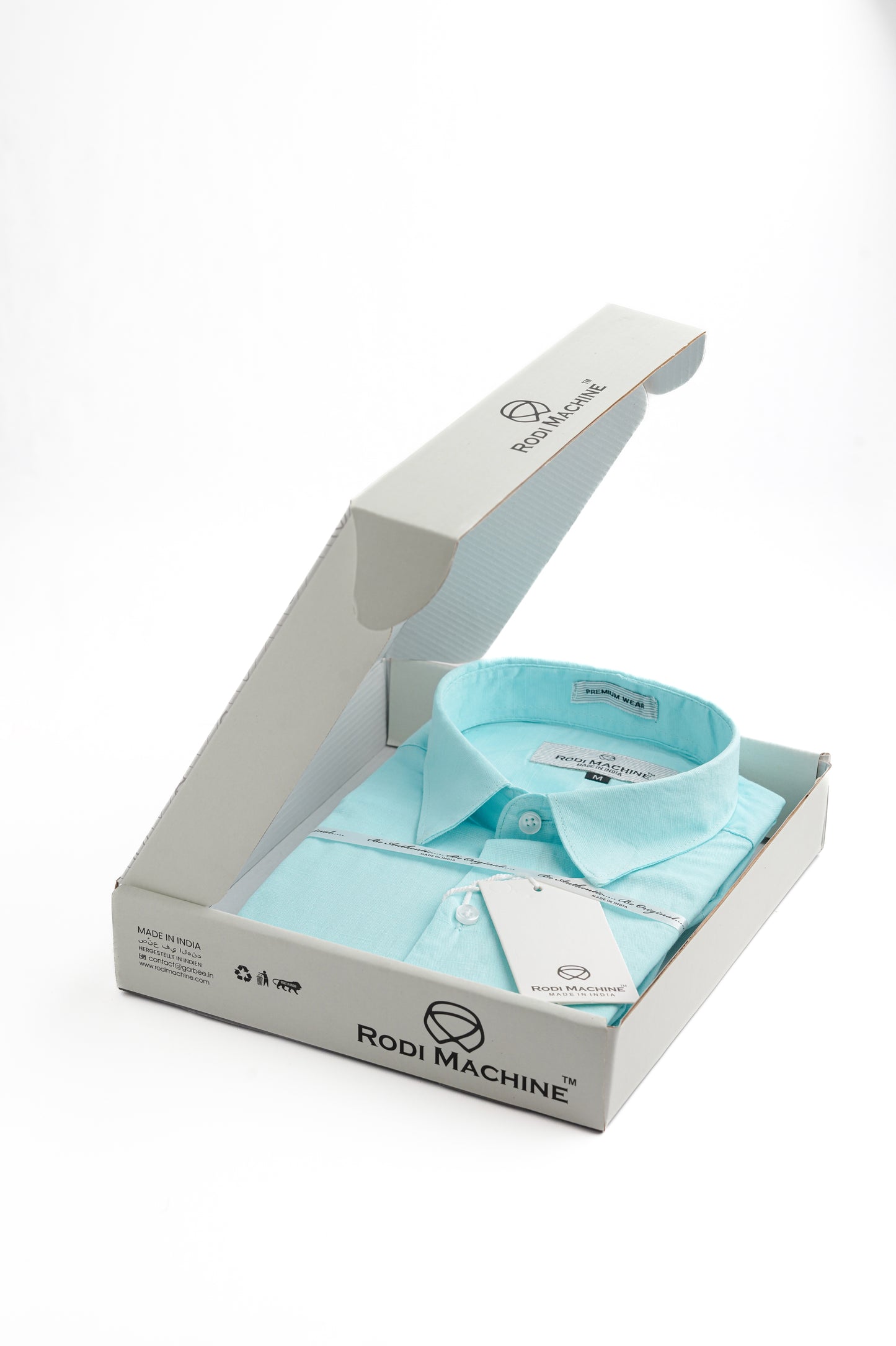 Aqua Blue colour Rodi Machine shirt in a white box with 'Rodi Machine' branding on a white background
