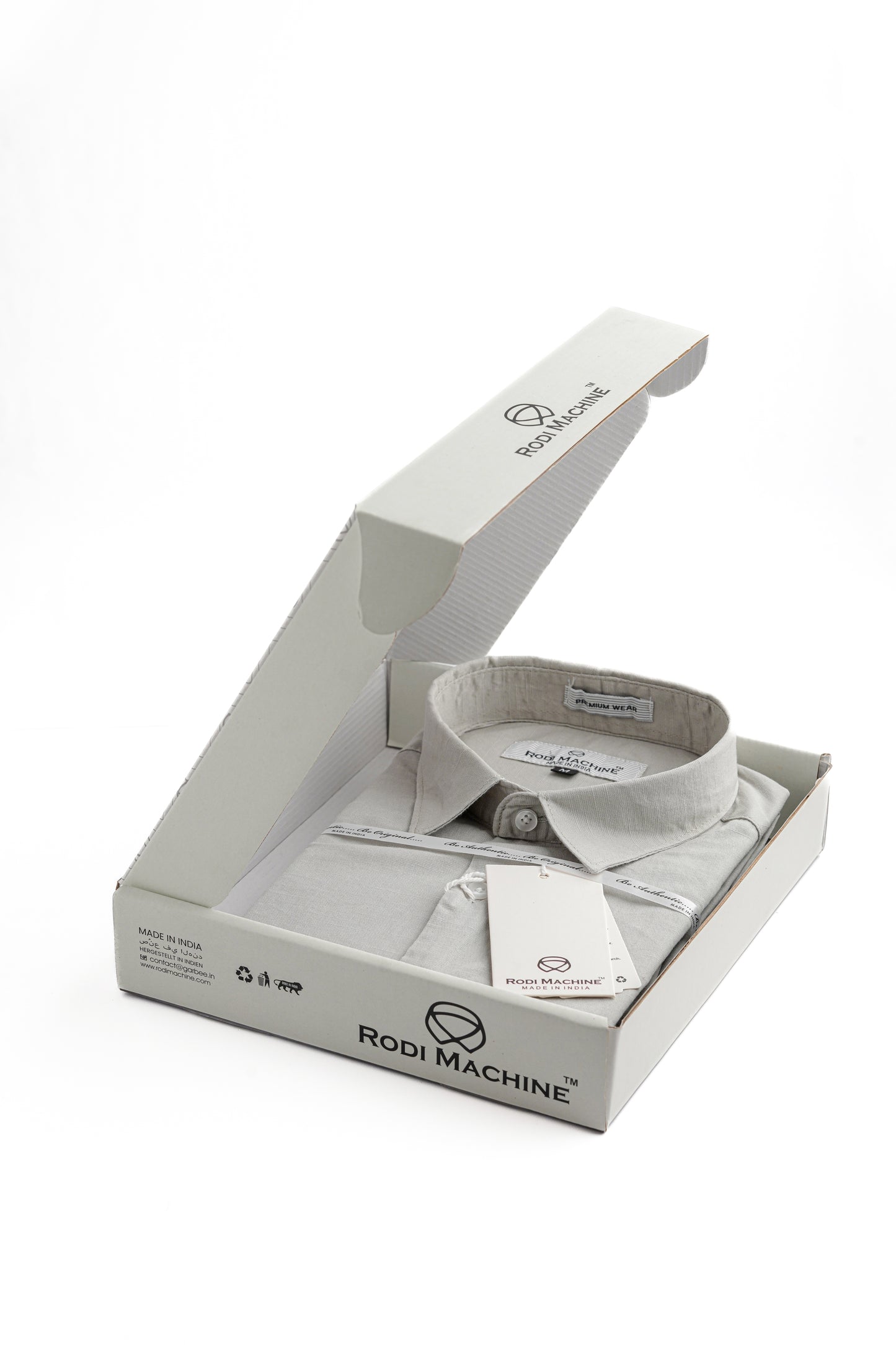 Gray colour Rodi Machine shirt with collar in an open box labeled 'Rodi Machine' on a white background