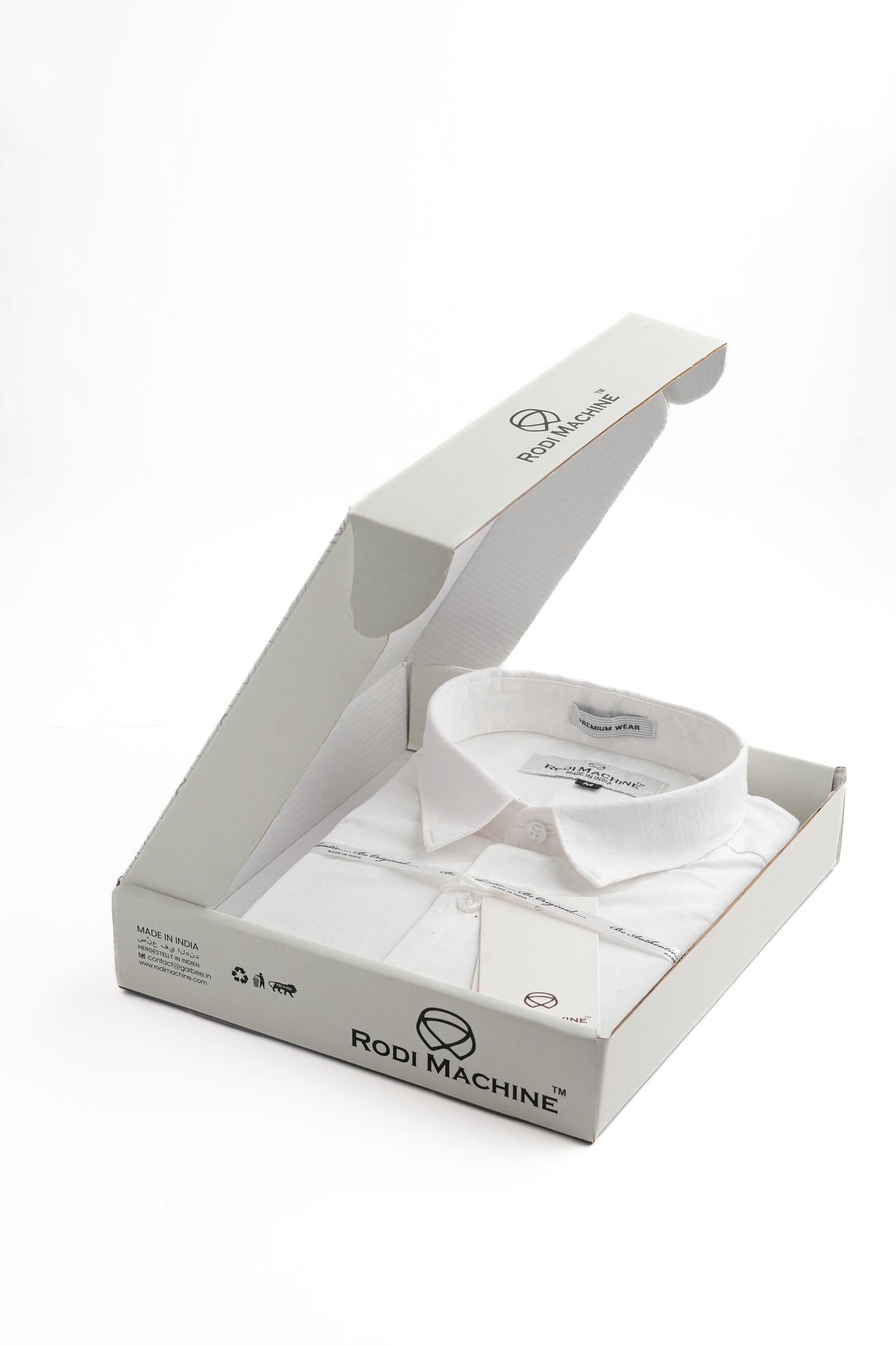 White colour Rodi Machine shirt in an open box with 'Rodi Machine' branding on a white background