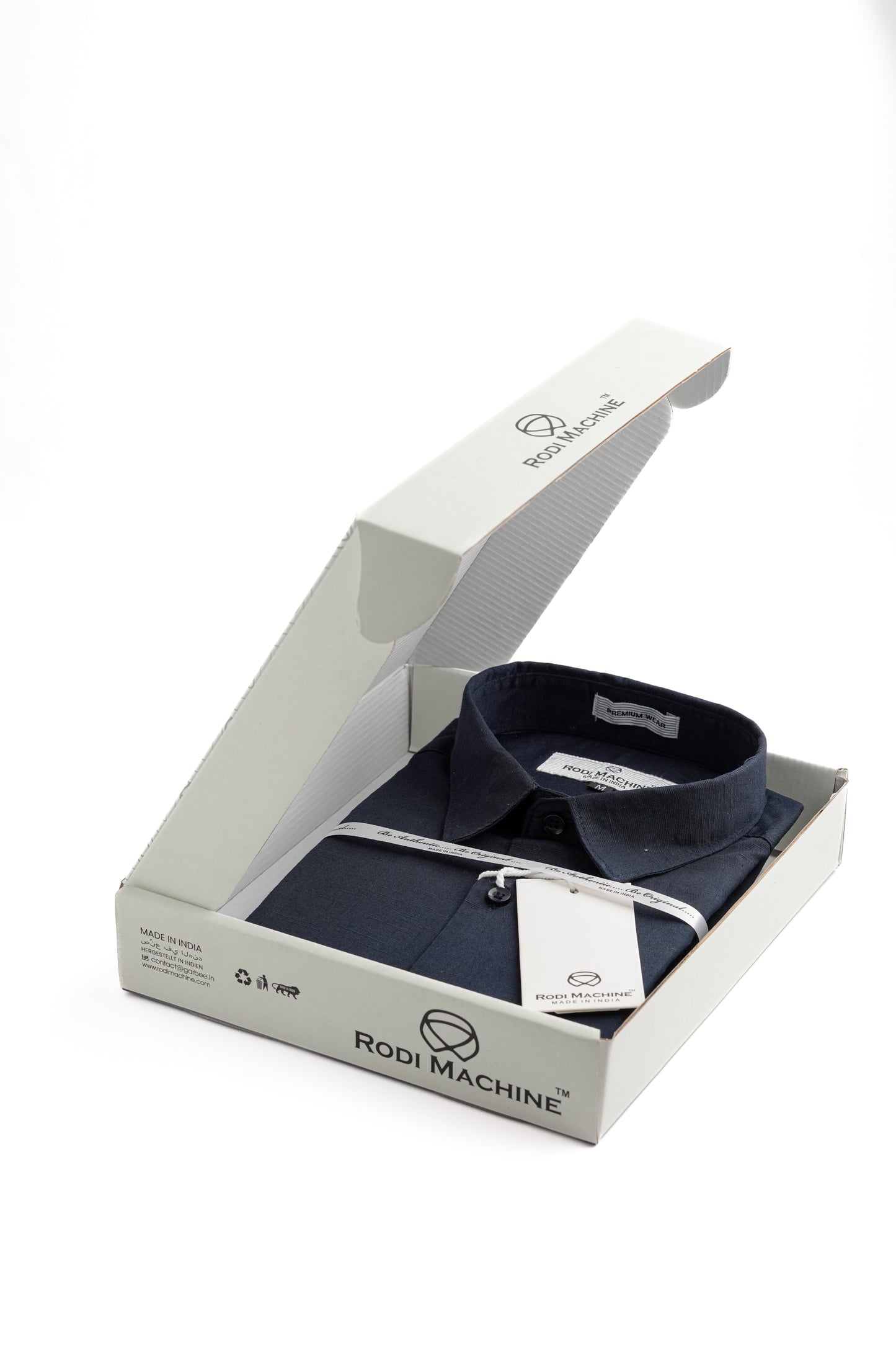 Navy Blue colour Rodi Machine shirt in an open white box with 'Rodi Machine' branding on a white background
