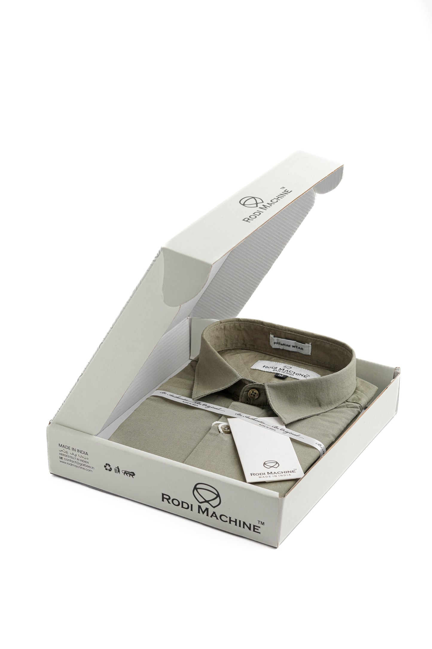 Olive Green Rodi Machine shirt in a white box with 'Rodi Machine' branding on a white background