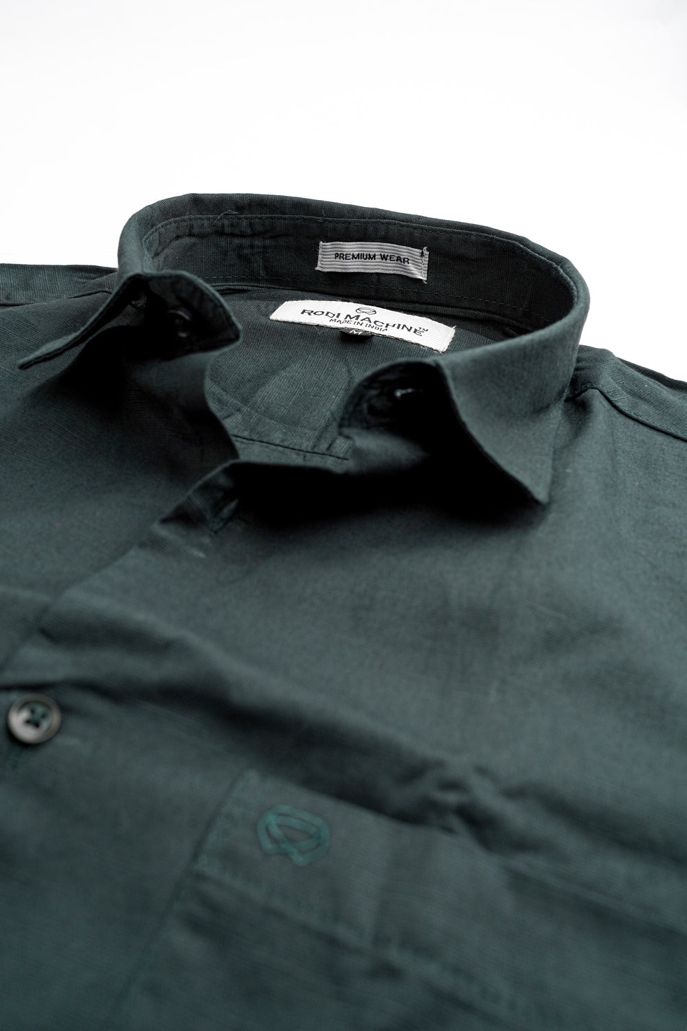 Military Green colour Rodi Machine shirt with collar and buttons on a white background