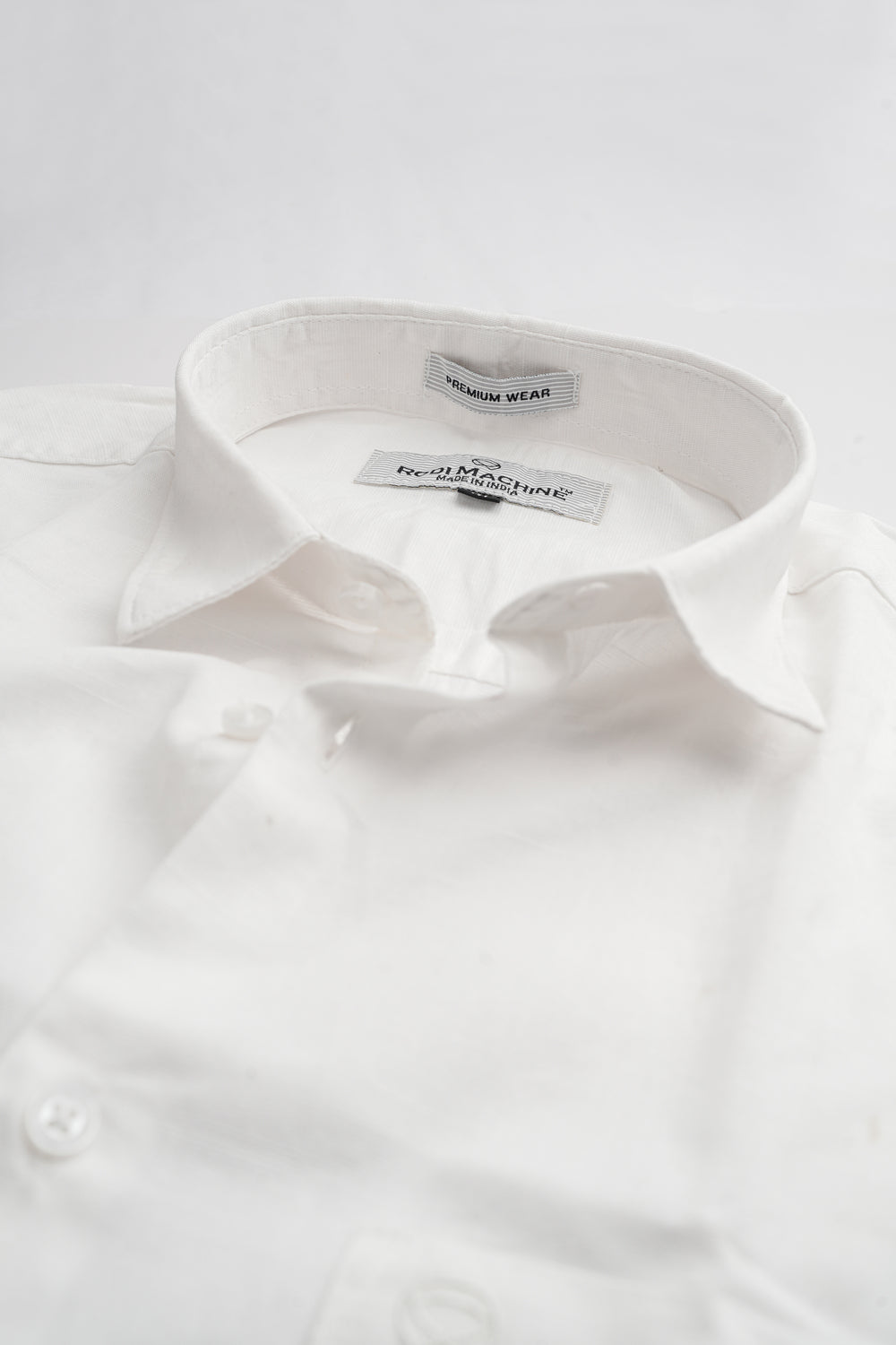 White colour Rodi Machine shirt with collar and label on a white background