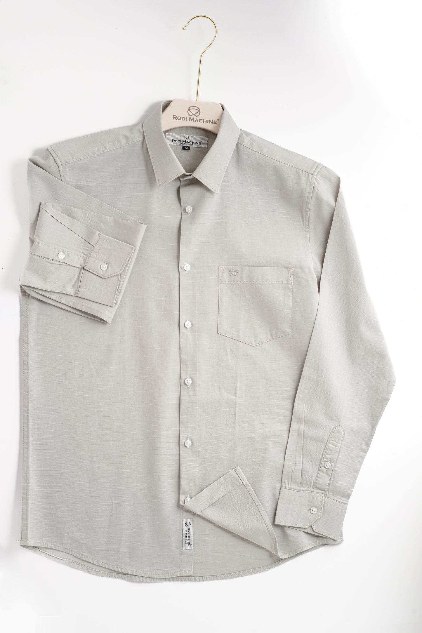 Gray colour Rodi Machine shirt button-up shirt on a hanger against a white background
