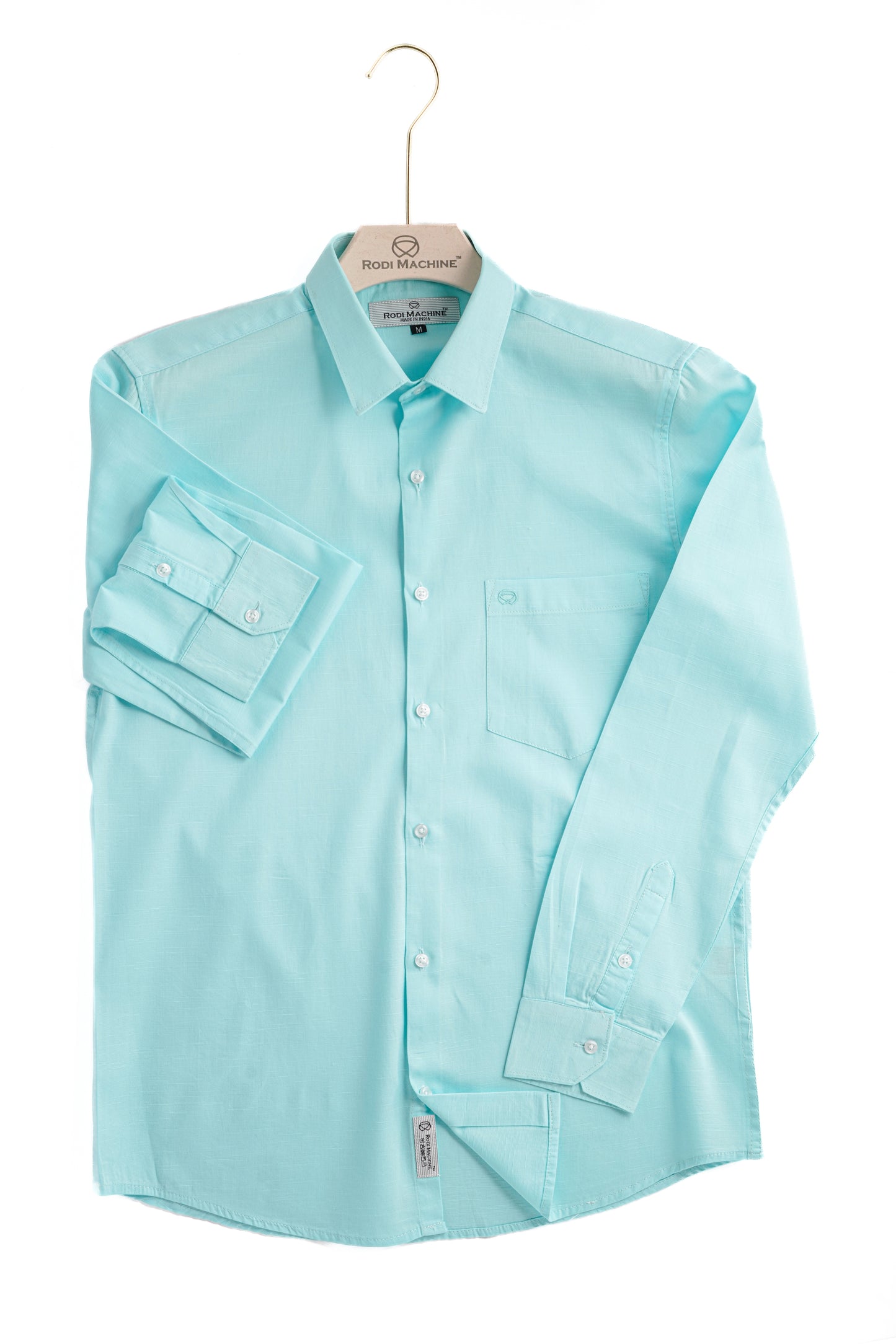 Aqua Blue colour Rodi Machine shirt on a hanger with a visible brand label against a white background