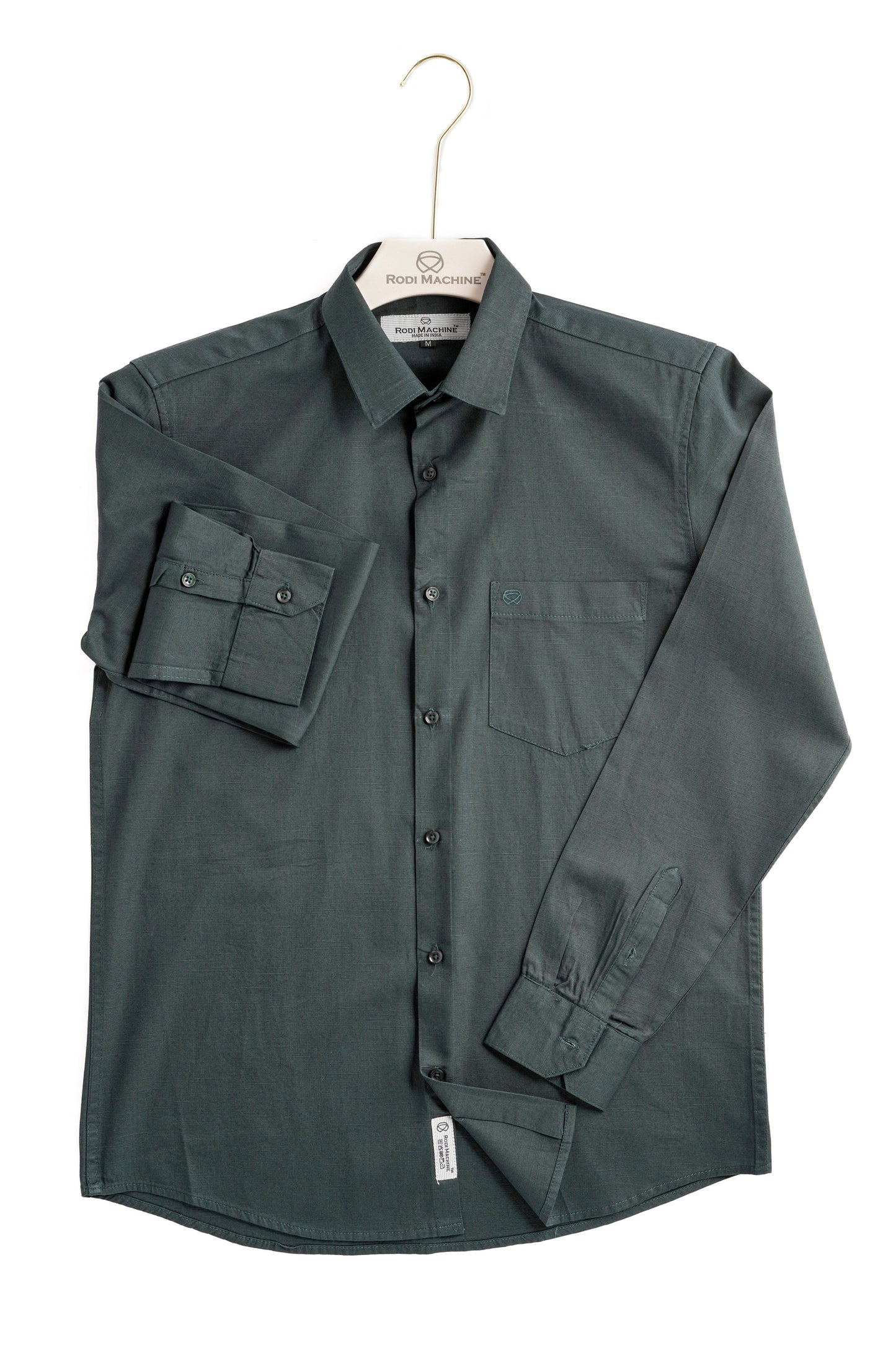 Military Green colour Rodi Machine shirt on a hanger with a white background