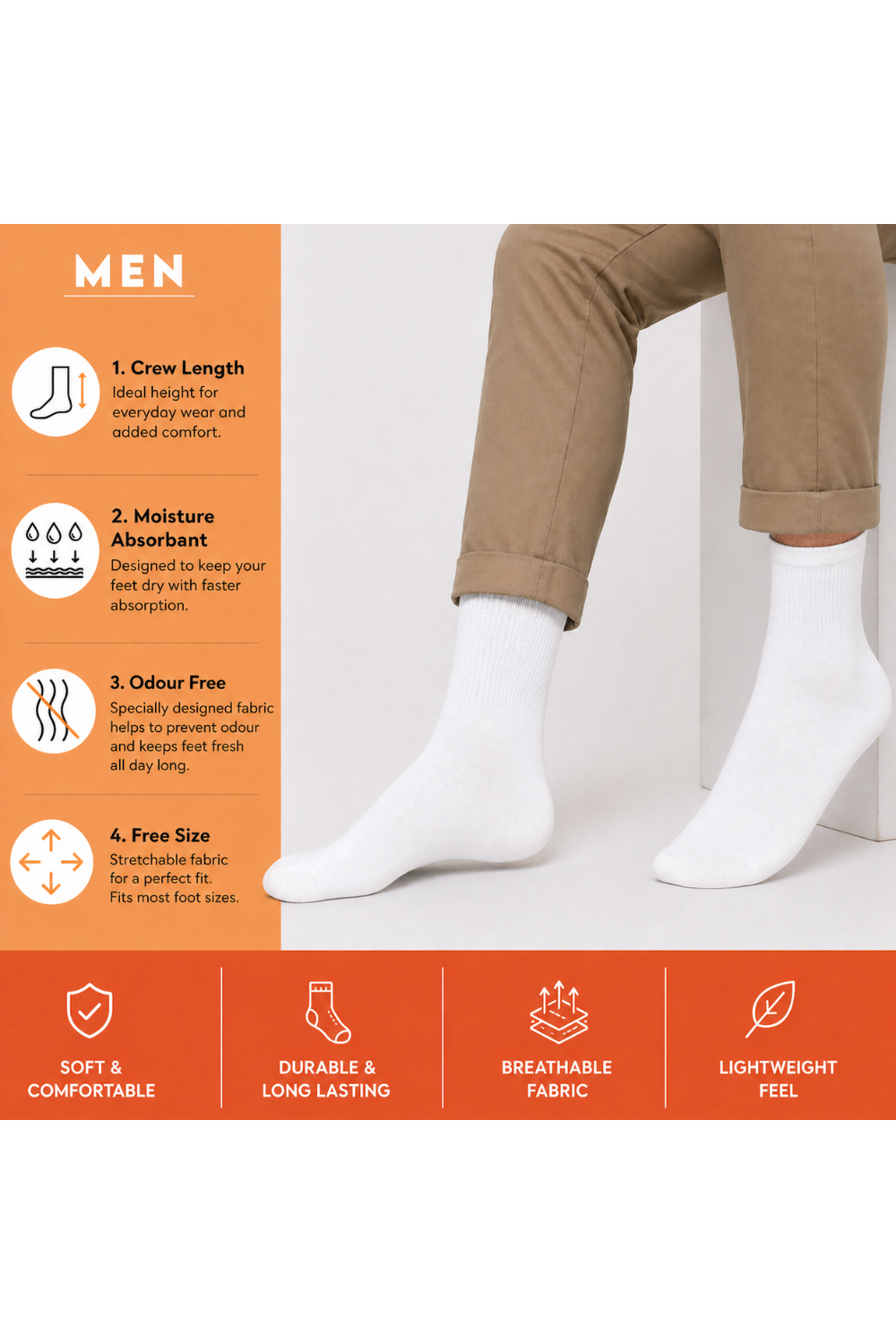 White Socks Crew Length For Men
