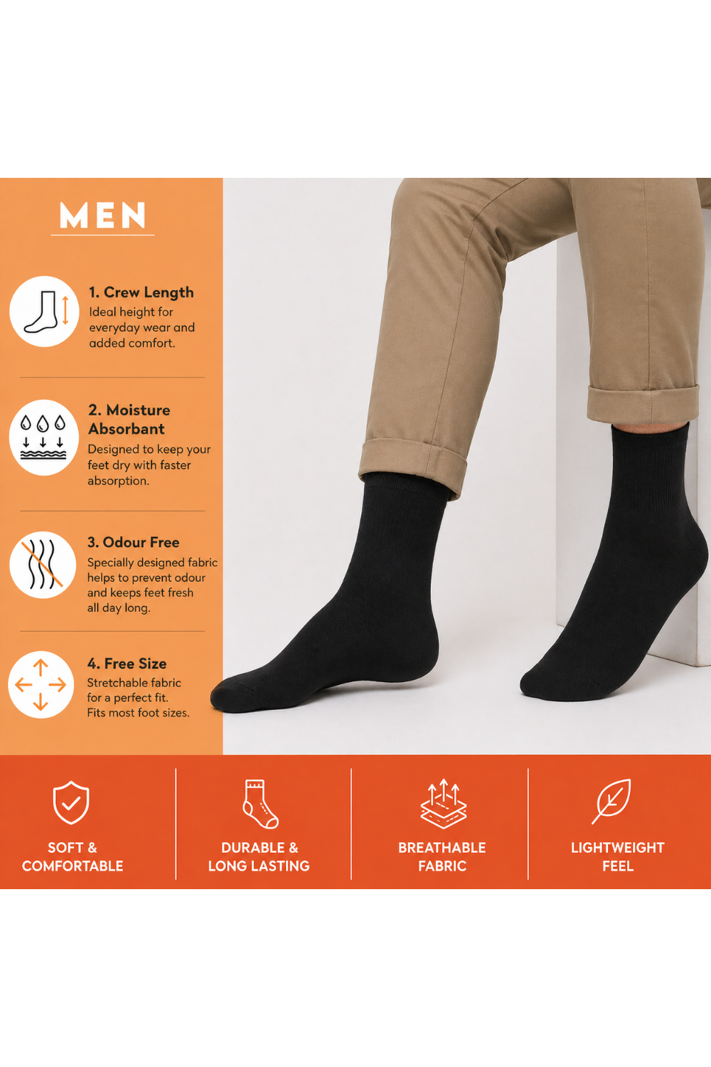 Black Socks Crew Length For Men